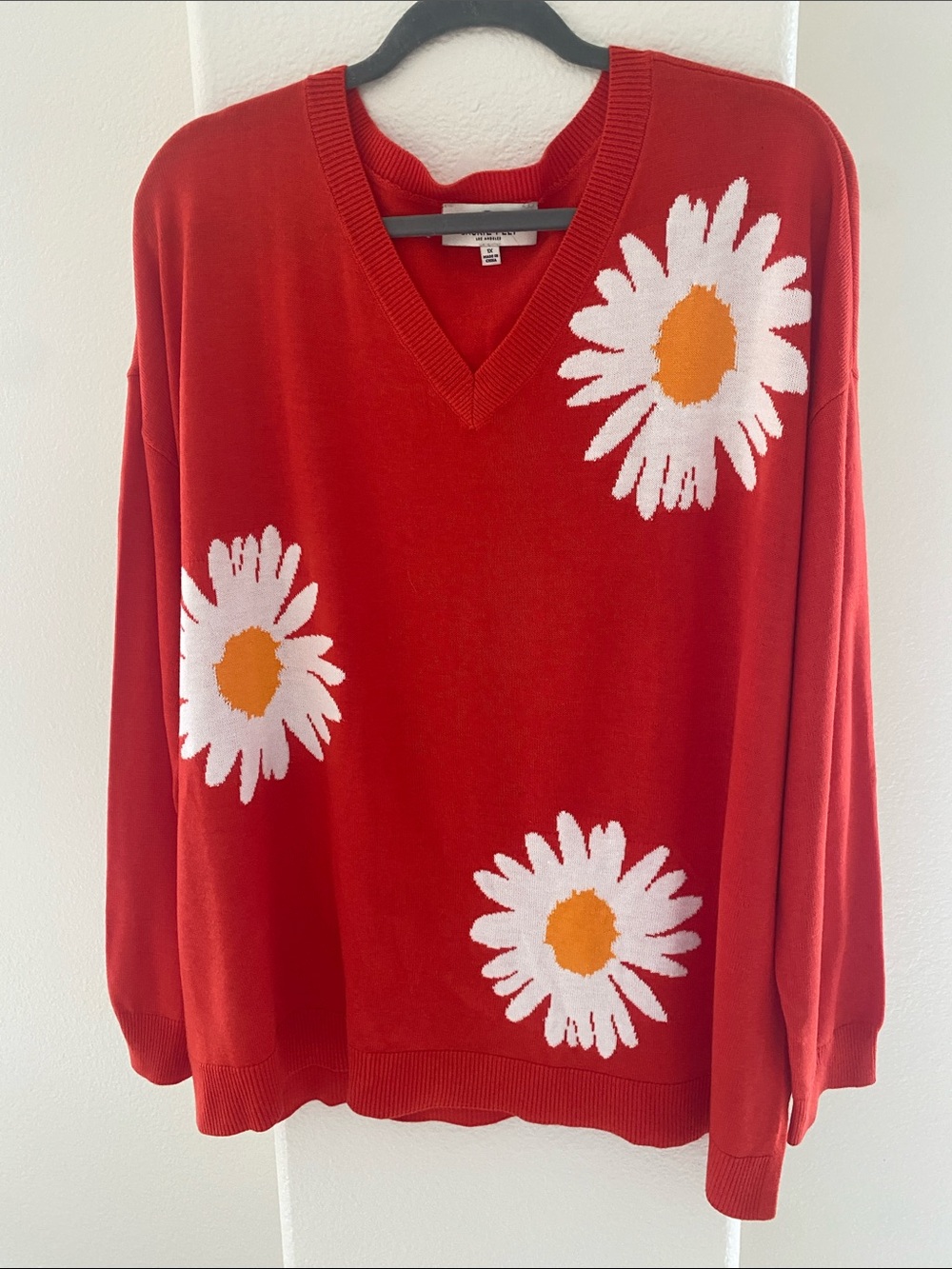 Laurie Felt Red V-Neck Sweater with White and Yellow Daisy Motif